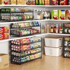 2-Pack Stackable Can Organizer for Pantry Shelf, Adjustable Extra-Long Rolling Can Rack for Kitchen Cupboard Storage, Sturdy Standing Can Holder for Canned Food Goods Soda up to 128, 2 Tier, Black