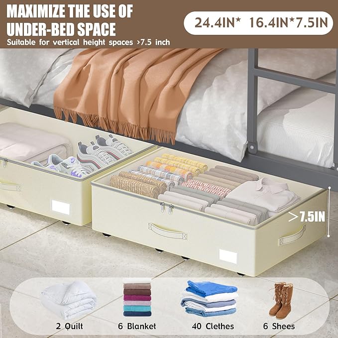 Under Bed Storage with Wheels, No Assemble Required 7.5 inches height Under Bed Storage bins,Large capacity Rolling Underbed Shoe Storage containers，dorm underbed storage drawers