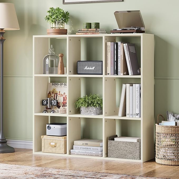 LINSY HOME Cube Storage Shelf, 3 Shelf Display Bookshelf with Storage, Open Freestanding 9 Cube Bookcase Small, White Wooden Bookshelf for Home Office, Bedroom, White Oak