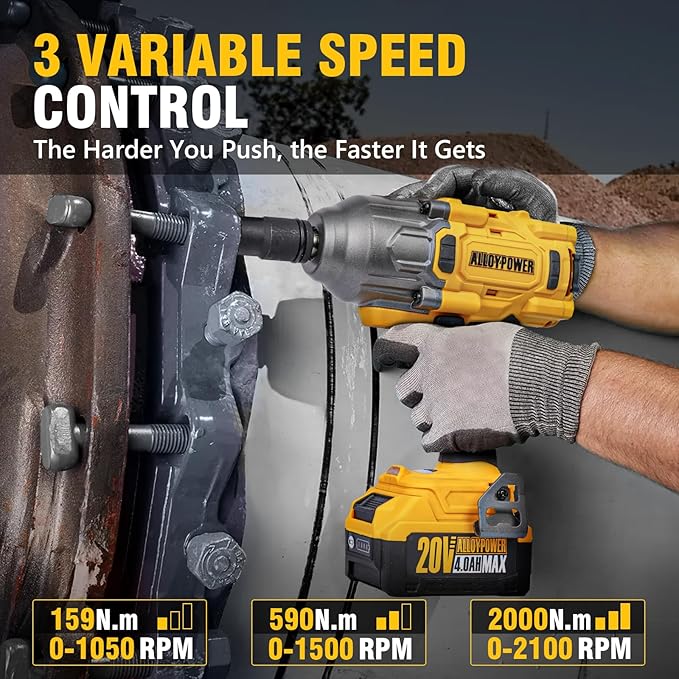 ALLOYPOWER Cordless Brushless Impact Wrench, 1475 ft-lbs (2000N.m), 1/2 High Torque power impact gun, 3-Mode Speed, 2*4000mAh Battery, 3 Sockets, Electric Impact Wrench Set for Car Tire Truck RV Mower