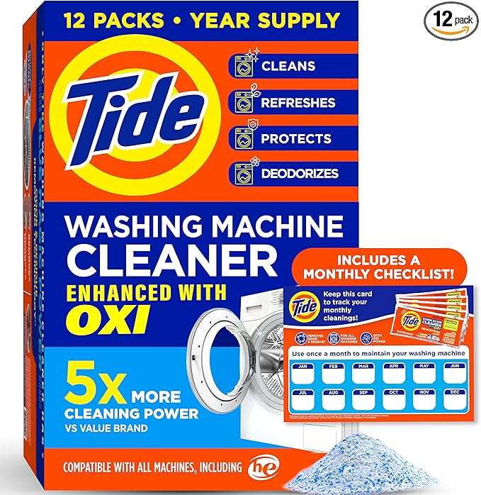 Tide Washing Machine Cleaner with Oxi for Front and Top Loader Washer Machines, Deep Cleaning Residue & Odor Eliminator, 12 Month Supply (Packaging May Vary) + Calendar