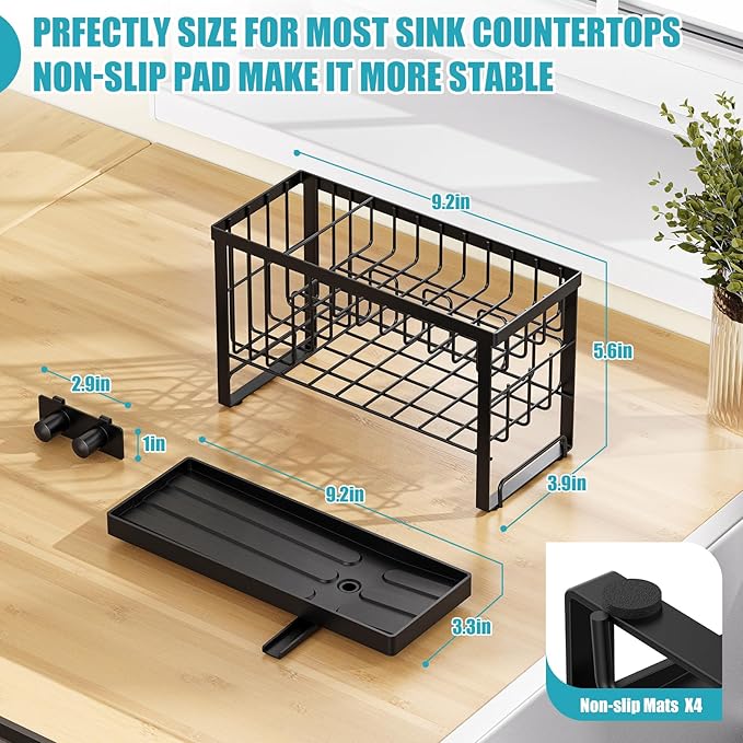 Sponge Holder for Kitchen Sink with Flexible Smiley Face, 2 Tier Kitchen Sink Organizer, Countertop and Storage Essentials, Soap Dispenser Organizer, Home Decor Accessories - Black