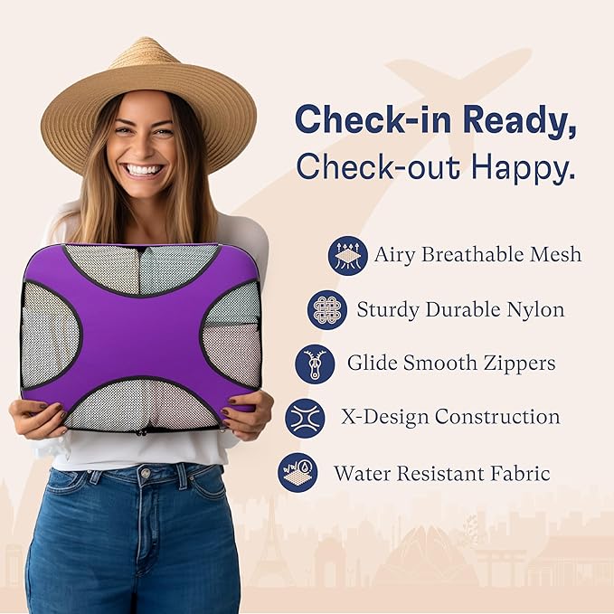 Shacke Premium 5 Packing Cubes Set - Lightweight Mesh Travel Luggage Organizers with Laundry Bag, 5-Piece Suitcase Storage System (Orchid Purple)