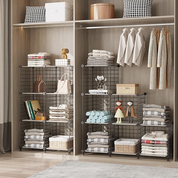 AWTATOS 12 Cube Storage Wire Closet Organizers DIY Stackable Storage Shelves Bookcase Cabinet for Home Office, Black