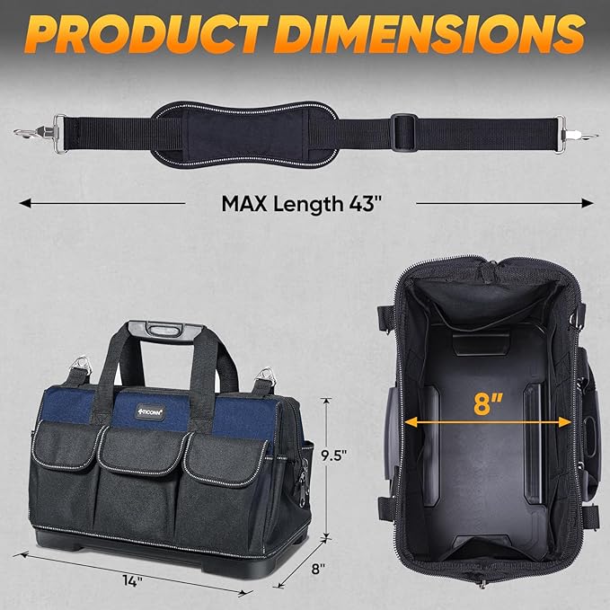 TICONN Heavy Duty Tool Bag with Multi-Pockets, Portable Tool Box Organizer Storage Bag, with Adjustable Shoulder Strap and Ergonomic Handle (Blue, 14" Molded Base)