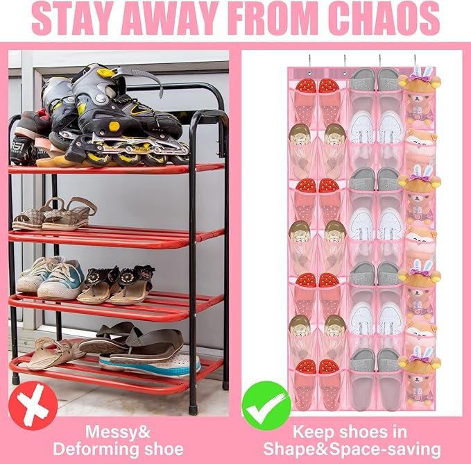 Windyun 2 Pack 40 Over the Door Shoe Organizers Large Mesh Pocket Hanging Shoe Rack for Closet Nonslip Behind Door Storage Holder Back to School Organizer for Dorm Room College Storage(Pink)