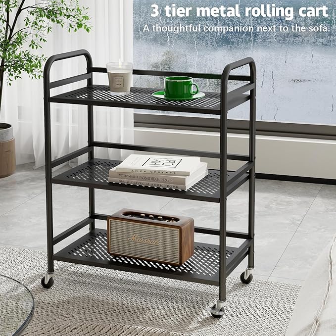 HDANI 3 Tier Metal Rolling Heavy Cart Supports 40 Lbs Per Tier,Rolling Cart with 2 Lockable Wheels for Office,Home,Bedroom,Kitchen,Bathroom(Black)…