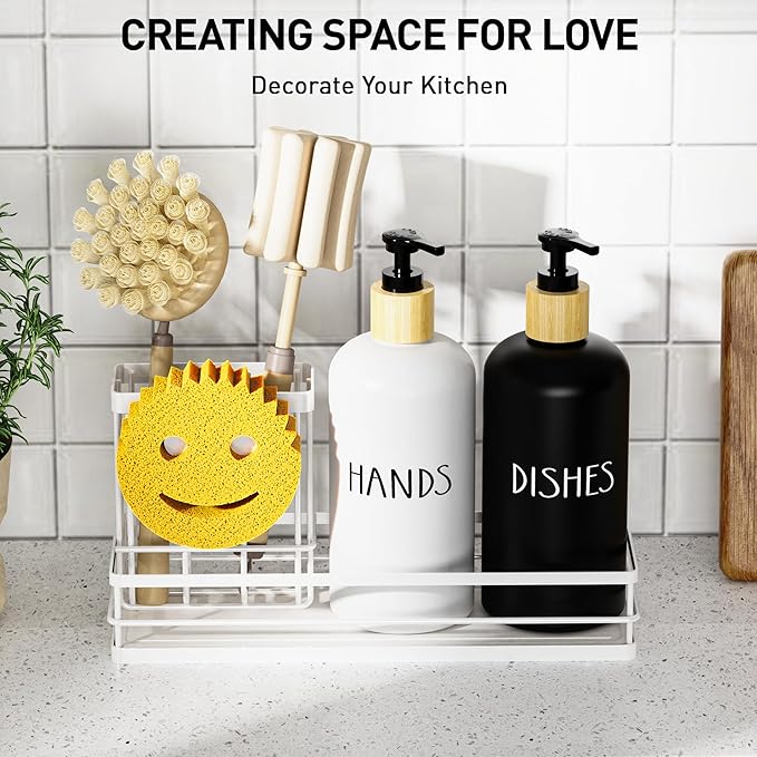 Moforoco Kitchen Dish Soap Dispenser Set, 16OZ Glass Bottle, Hand and Dish Soap Dispenser Set, Instant Dry Tray, Non-Slip Silicone Pad, Brush Holder with Smiley Face Sponge Holder, Kitchen Decor