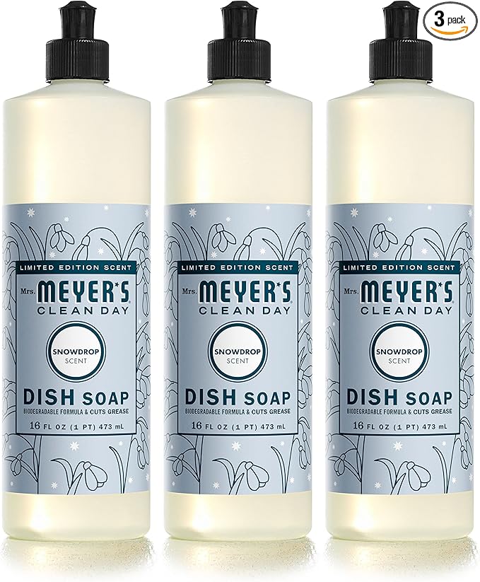 MRS. MEYER'S CLEAN DAY Liquid Dish Soap, Biodegradable Formula, Limited Edition Snowdrop, 16 Fl. Oz - Pack of 3