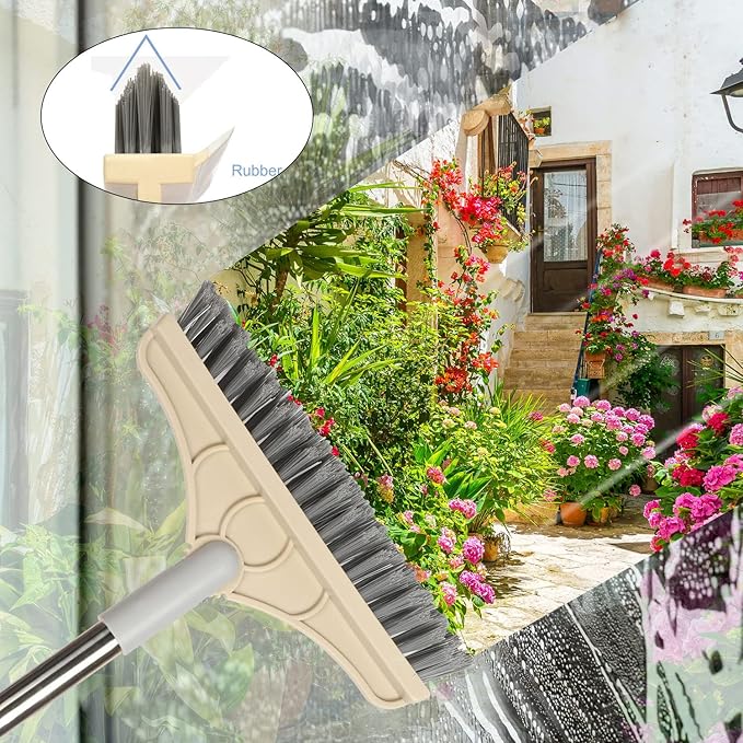 2 in 1 Floor Brush Scrubber with Long Handle Grout Brush 3 Poles 53.5'' New Upgrade Stiff Bristle Cleaning Scrub Brush with Squeegee 120°Rotating Tile Brush for Cleaning Bathroom Glass Patio Kitchen