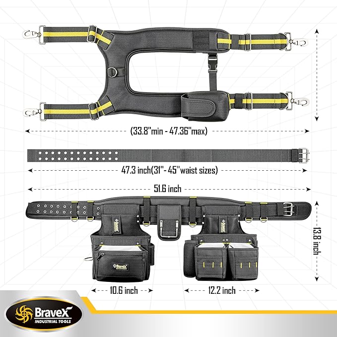 Tool Belt Suspenders, Professional Tool Belt Organizer With Suspenders and 20 Pockets, Heavy Duty Carpenter Suspension Rig For Framers Carpenter Electrician 1200D Ballistic Nylon