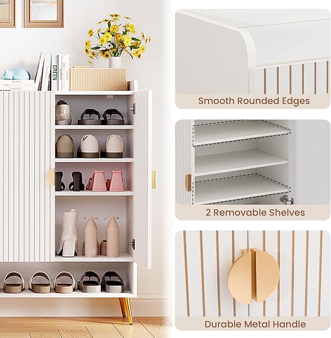 COSIEST 43" 7-Tier Shoe Cabinet with Doors, Wooden Shoe Storage Cabinet with Adjustable Shelves, Freestanding Shoe Rack Organizer for Entryway, Hallway, Closet, Living Room, White