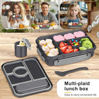 Amathley Bento Box Adult Lunch Box Kids,Lunch Containers for Adults/Kids/Toddler,5 Compartments Bento Lunch Box with Sauce Vontainers,Microwave & Dishwasher & Freezer Safe,BPA-Free (Dark Gray)
