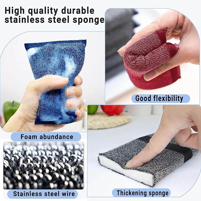 Steel Wool Scrub Sponges – Non-Scratch Microfiber Kitchen Scrubbers for Pots, Pans, and Household Cleaning – Heavy-Duty, Reusable Sponges (Yellow)