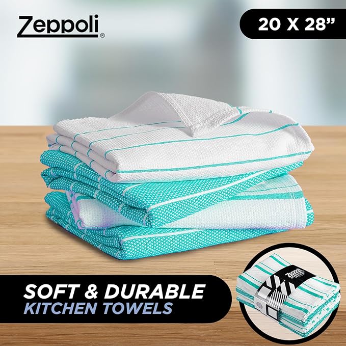 Zeppoli Classic Kitchen Towels - 6 Pack 100% Natural Cotton Towel Set, Reusable Wash Cloths, Absorbent Dish Towels, Machine Washable Hand Towels, Kitchen Essentials, 20" x 28" - Aqua Base