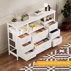 8-Drawer Fabric Dresser TV Stand for 40" TV - Sturdy Steel Frame & Wood Top Chest of Drawers, Lightweight Storage Organizer for Bedroom, Closet, Entryway (43.31" Wide, White)