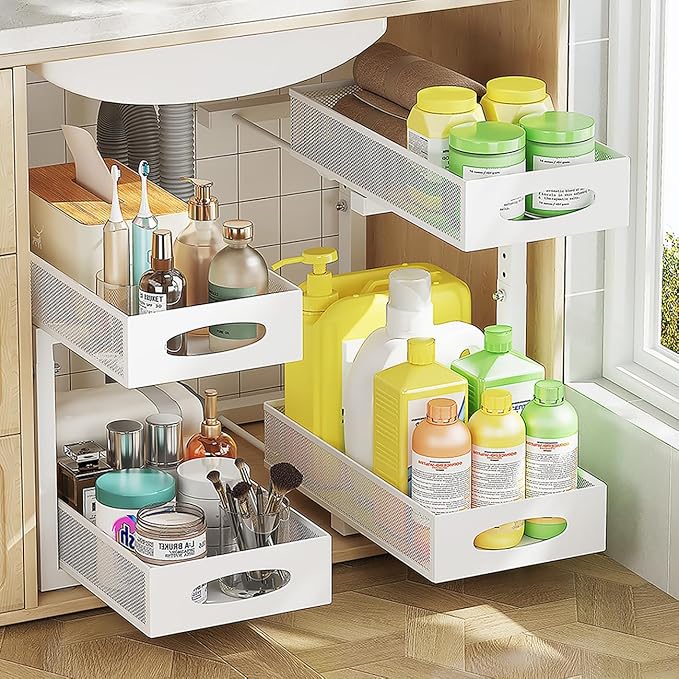 Under Sink Organizer, 2-Tier Pull Out Cabinet Organizer with Adjustable Height, Use in Kitchen Bathroom Cabinet and Countertop Storage, White, 2-Pack