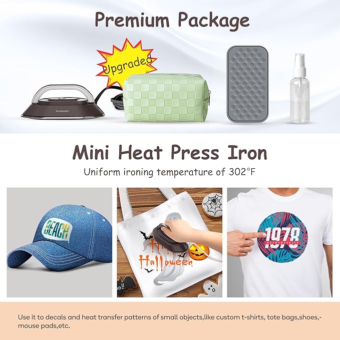 Newbealer Travel Iron with Global Voltage, 100-240V Mini Dry Iron for Clothes (No Steam), Max 300W, 60s Heat Up, 302℉ Non-Stick Ceramic Soleplate, 0.8lbs Ultra-Lightweight (Brown)