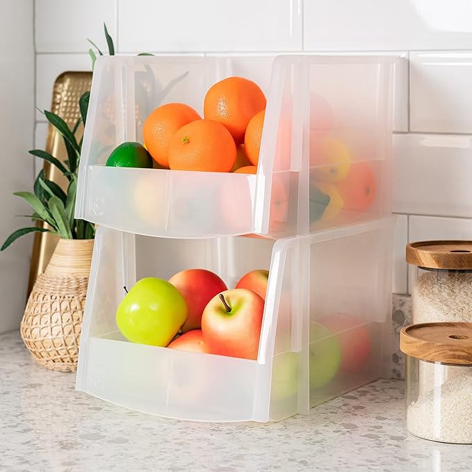 IRIS USA Clear Plastic Stackable Storage Bins, X Large- 4 Pack, Open Front Fridge Pantry Kitchen Closet Cabinet Bathroom Organizer Basket for Organizing Snack, Cans, Office Supplies, and Coffee Pods