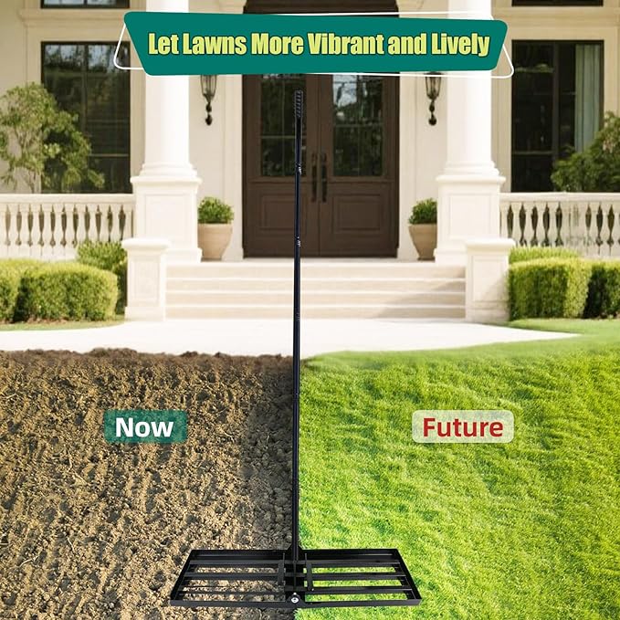 Lawn Leveling Rake 30 x 10 Inch Stainless Steel Heavy Duty Ground Leveler, Flipping-Resistant Smooth Edge, Adjustable Handle 28–60 Inches for Backyard Landscape, Garden, Golf Course, Farm, Pasture.
