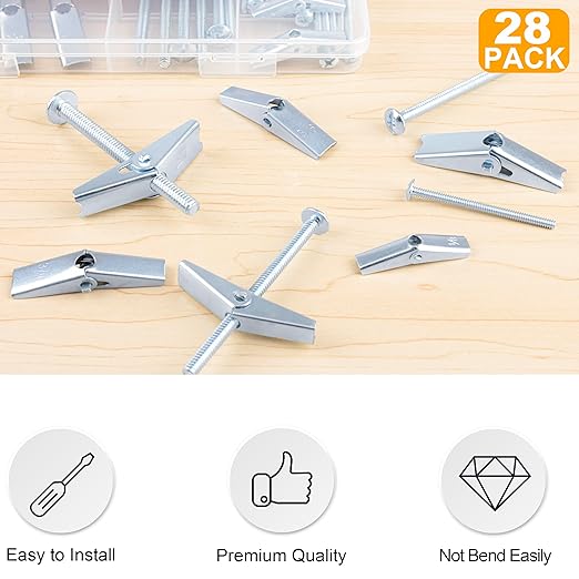 KURUI Heavy Duty Hollow Wall Anchors for Drywall Ceiling, Toggle Bolts and Wing Nut Kit, 28Pcs Metal Drywall Anchors and Screws Assortment Set, 3 Sizes Butterfly Anchors for Hanging 1/8, 3/16, 1/4