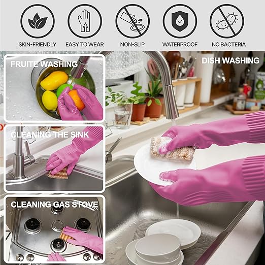 Reusable Waterproof Household Dishwashing Cleaning Rubber Gloves, Non-Slip Kitchen Glove (Pink, Medium (Pack of 3))
