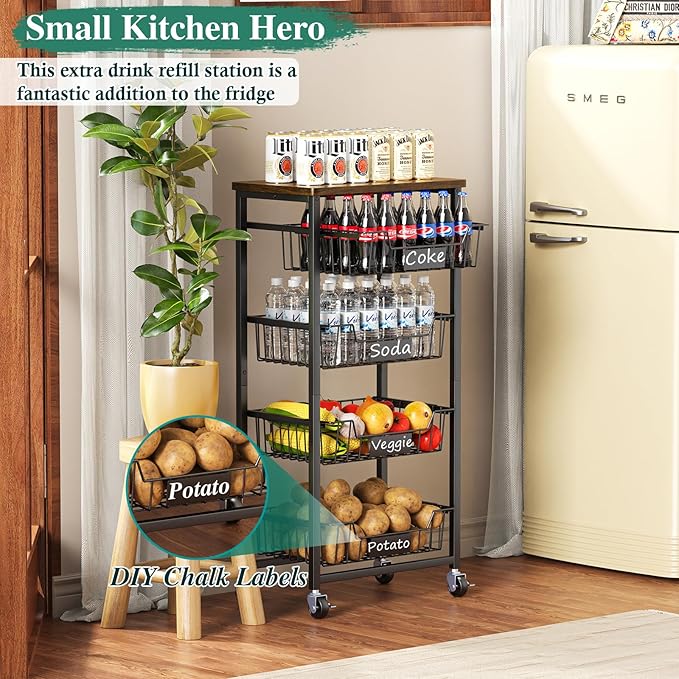 Fruit Basket, 5-Tier Utility Kitchen Organizer and Storage Cart with Pull-Out Baskets and Wood Top, Rolling Pantry Kitchen Cart on Wheels for Fruit Potato Onion Vegetable Snack Produce