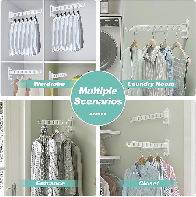 Laundry Drying Rack Wall Mounted - Swing Arm Clothes Hanger with 8-Hole, Sturdy Hanging Bar & Swivel Laundry Room Hook, Coat Hanger Holder for Closet, Aluminum (2-Pack, White)
