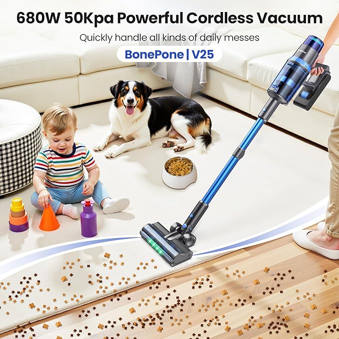 V25 Cordless Vacuum Cleaner, 680W 60Kpa Powerful Stick Vacuum with Dust Sensor, Digital Display, 4000mAh Rechargeable Battery up to 60Mins, Versatile for Pet Hair, Floor, Carpet