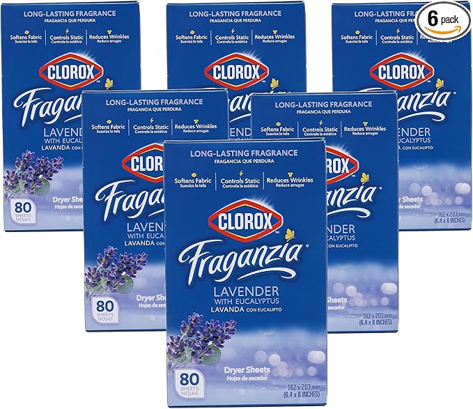 Clorox Fraganzia Fabric Softener Dryer Sheets, Wrinkle Reducing and Anti Static Laundry Dryer Sheets for Great Smelling Clothes, Softens Fabrics, Lavender with Eucalyptus Scent, 80 Count - 6 Pack