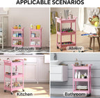 3-Tier Utility Rolling Cart with Cover Top Board, Mobile Utility Cart with Lockable Casters Multi-Functional Storage Trolley for Office, Bathroom, Kitchen, Garden, Laundry Room (Pink)