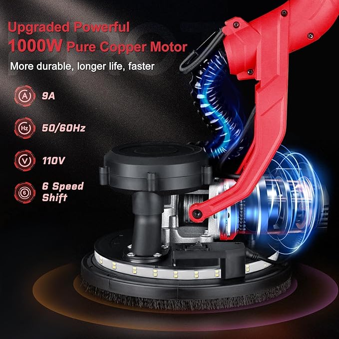 Drywall Sander, 1000W Popcorn Ceiling Removal Tool, Foldable Automatic Drywall Sander with Vacuum Dust Collection, LED Light, 6 Variable Speed 800-2200RPM,15Pcs Sanding Discs (Red）