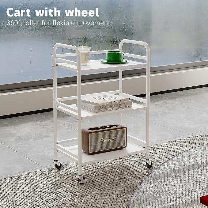 HDANI 3 Tier Rolling Cart Shelves,Heavy Duty Multifunctional Metal Frame-Supports 22 Lbs Per Tier,Rolling Cart with 2 Lockable Wheels for Home, Office,Kitchen,Bathroom,Bedroom(White)…