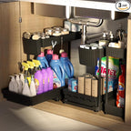 3 Pack Multi-Purpose Under Sink Organizers and Storage, 2025 L-Shaped Pull Out Cabinet Organizer for Bathroom & Kitchen, Under Cabinet Organizer with Hooks Hanging Cup, Black, Elevated