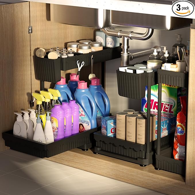 3 Pack Multi-Purpose Under Sink Organizers and Storage, 2025 L-Shaped Pull Out Cabinet Organizer for Bathroom & Kitchen, Under Cabinet Organizer with Hooks Hanging Cup, Black, Elevated