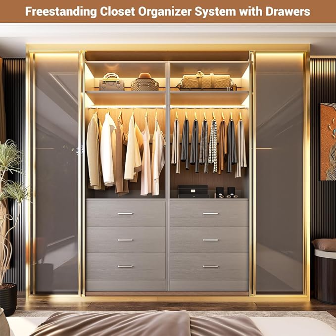 Besiost Closet System Set of 4, 8FT Closet Systems with 12 Wood Drawers, 96" Closet Organizer System with 4 Hanging Rods & 4 Shelves, Heavy Duty 96 Inch Walk-in Closet, Grey (96"L x 15" W x 80" H)