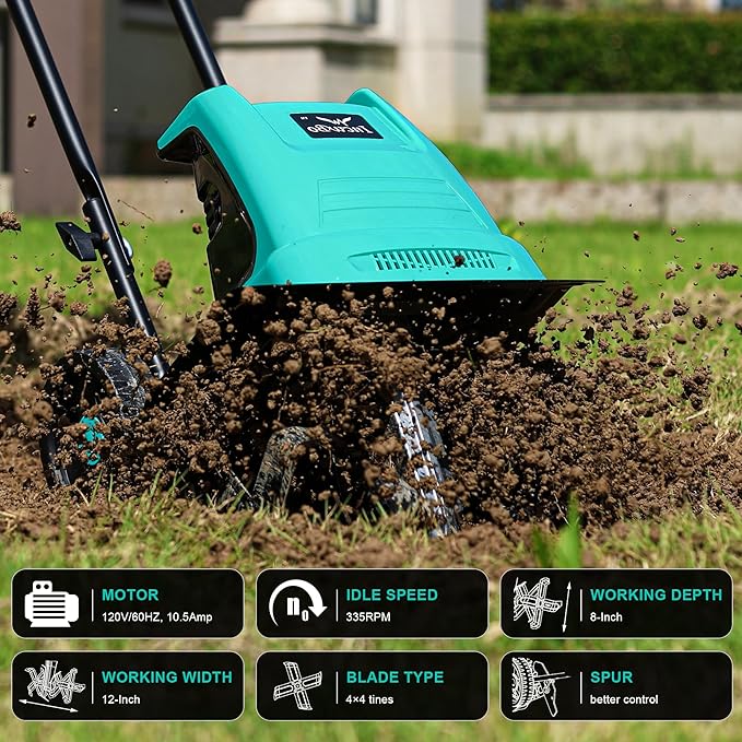 Electric Rototiller Garden Tiller 12 Inch Tilling Width 8-Inch Electric Tiller 10.5 Amp Tiller Cultivator for Garden Yard