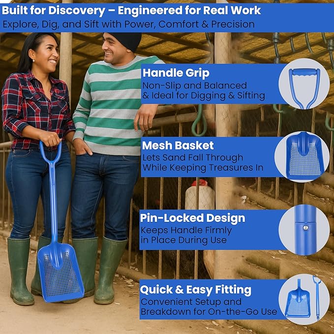 Sand Dipper Treasure Shovel Digger Sifter - Tough Plastic Shovel for Beach, Chicken Coop Poop, Goat Stall Cleaning, and Backyard Barns