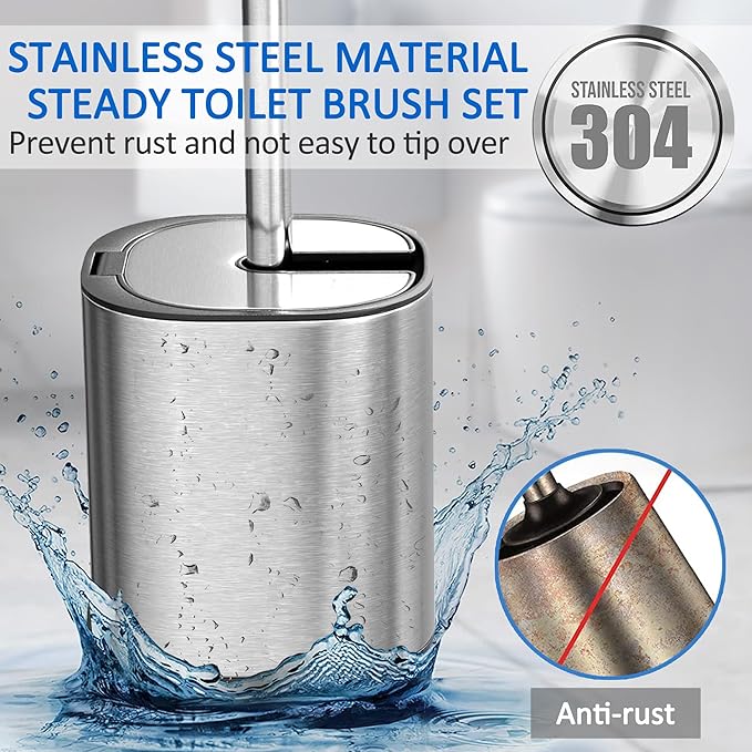 Toilet Bowl Brush and Holder, Toilet Brush with Stainless Steel Handle and Durable Bristles for Bathroom Cleaning, Automatic Closing Holder Set (Silver)