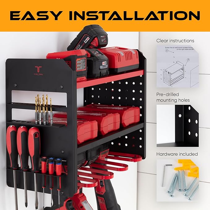 Power Tool Organizer - Wall Mount Storage for Garage Organizes 4 Cordless Drills & Tools - Heavy Duty Rack w Pegboard Sides Shelves & Hooks - Neatly Holds Screwdrivers & Drill Bits RED/BLACK
