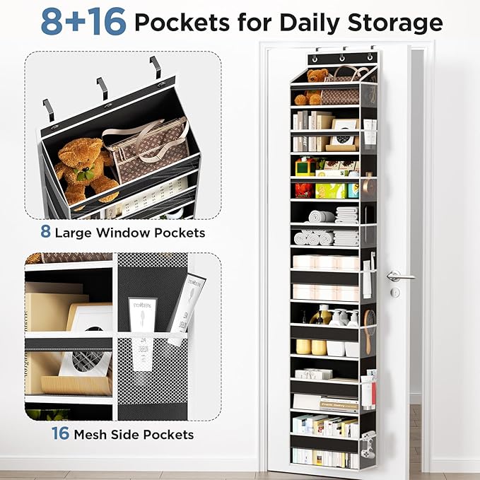 Over The Door Organizer, 8 Shelf Door Hanging Organizers with 8 Large Capacity Pockets, Back of Door Organizer Storage Hanging Shelves for Closet Bathroom Bedroom Nursery