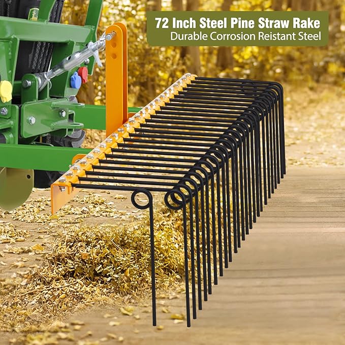 GAOMON Pine Straw Rake 72 Inch , 30 Coil Spring Tines Durable Powder Coated Steel Tow Behind Landscape Rake with 3 Point Hitch Receiver Attachment Fit to Cat0 Cat 1 Tractors for Leaves Grass