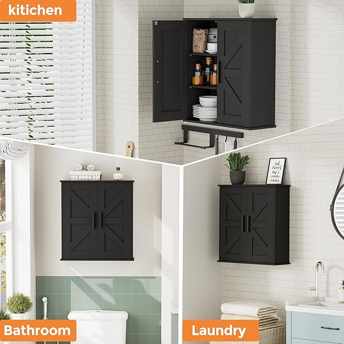 Bathroom Wall Cabinet, Over Toilet Storage Cabinet with Barn Doors and Adjustable Shelves, 3-Tier Medicine Cabinet Wall Mounted, for Bathroom, Kitchen, Entryway, Laundry Room, Black, (7.9" D)