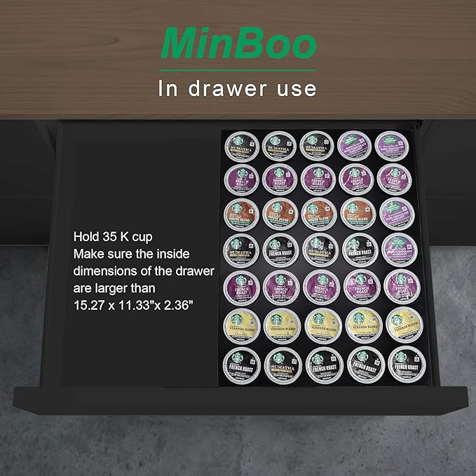 MinBoo BamBoo k cup holder Drawer or Countertop k cup Organizer Coffee Pod Holder Hold 35 Coffee Pod Storage Kcup coffee pods holder for coffee station Office and Kitchen k cup storage,Black
