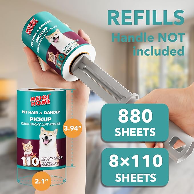 MEIQIHOME Extra Sticky Lint Roller Refills Only, 880 Easy-Tear Sheets for 3.9"-4" Lint Rollers with 1.5" Inner Diameter - Superior Cleanliness for Clothes