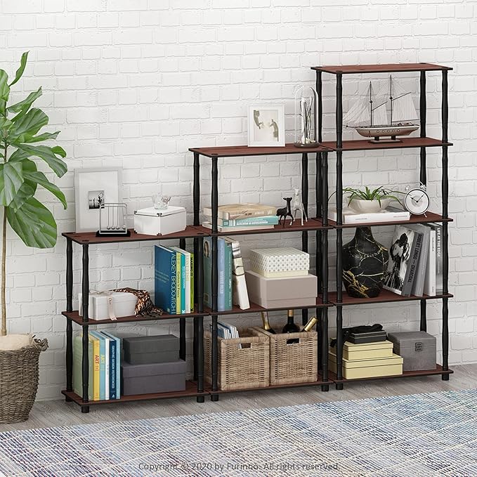 Furinno Turn-N-Tube 3-Tier Compact Multipurpose Shelf Display Rack with Classic Tube, Dark Cherry/Black