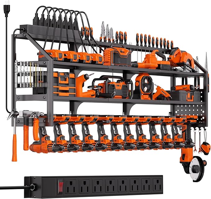 Extra Large Power Tool Organizer Wall Mount with Charging Station, 12 Drill Holders Heavy Duty with 8-Outlet Power Strip, Garage Cordless Drill Storage and Organization, Battery Utility Rack
