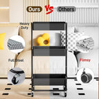 TECBOT 3 Tier Metal Rolling Cart with Wheels, Utility Storage Cart with Handle and Lockable Casters, Storage Basket Organizer Shelves, Easy Assemble for Kitchen, Living Room, Office, Nursery, Black