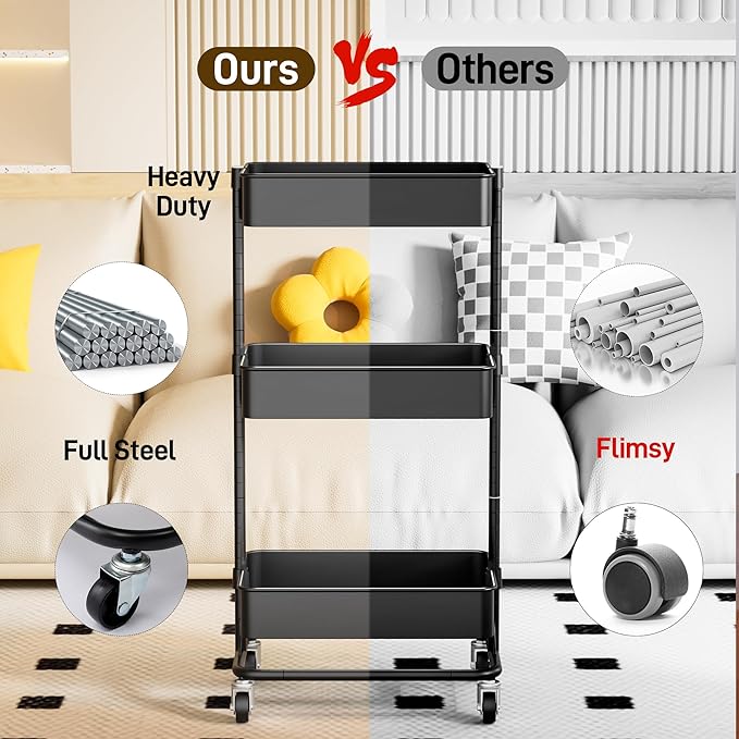 TECBOT 3 Tier Metal Rolling Cart with Wheels, Utility Storage Cart with Handle and Lockable Casters, Storage Basket Organizer Shelves, Easy Assemble for Kitchen, Living Room, Office, Nursery, Black