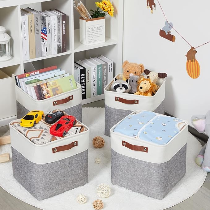 HNZIGE Storage Basket(4 Pack) Fabric Baskets for Organizing Clothes Closet,Towels,Cube Storage Bins,12x12 Storage Cube basket with Handles for Shelves,Toys,Blankets,Office,Room Storage(White&Grey)